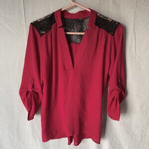 THREE HEARTS - RED & BLACK LACE Blouse Shirt Top - 3/4 Button Sleeve - LARGE
